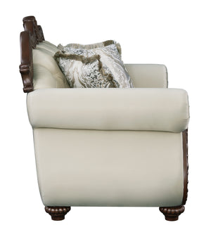English Elm Pierce Elegant Beige Fabric Loveseat with Cherry Finish, Tufted Detail, Pocket Coils & 3 Pillows B2726S00275