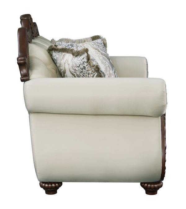 English Elm Pierce Elegant Beige Fabric Loveseat with Cherry Finish, Tufted Detail, Pocket Coils & 3 Pillows B2726S00275