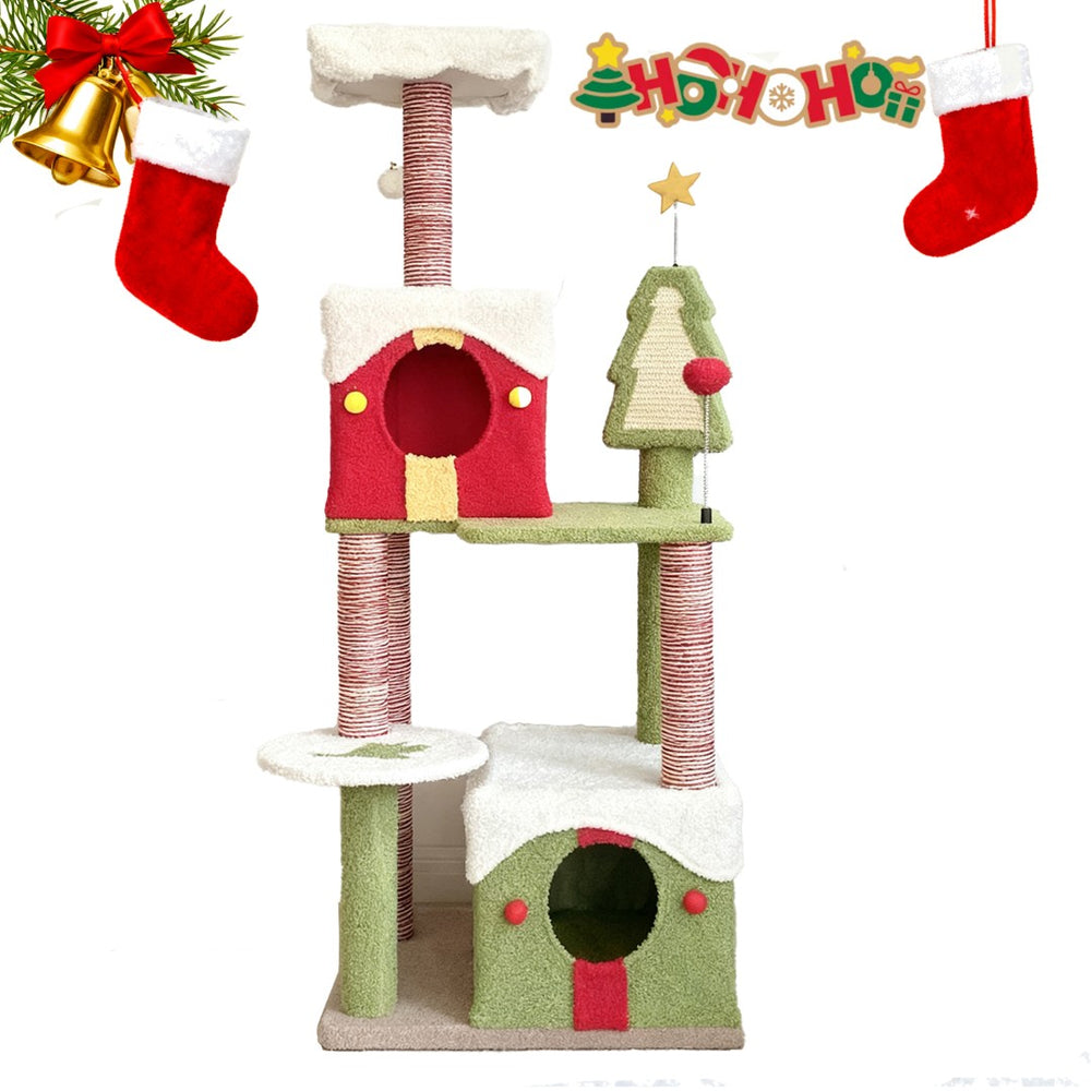 English Elm Cy14 Christmas Tree Cat Tower Plush Multi-level Condo Climbing Scratching Post W243P382850