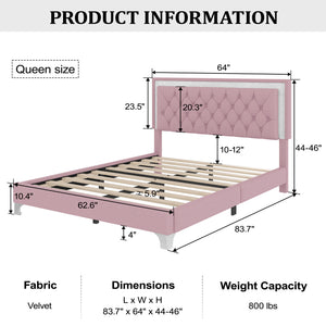 English Elm 3-Pieces Tufted Upholstered Platform Bed with Romantic LED Headboard and Two Storage Nightstands Pink 63.98 L x 23.23 W x 5.91 H N733S183659H