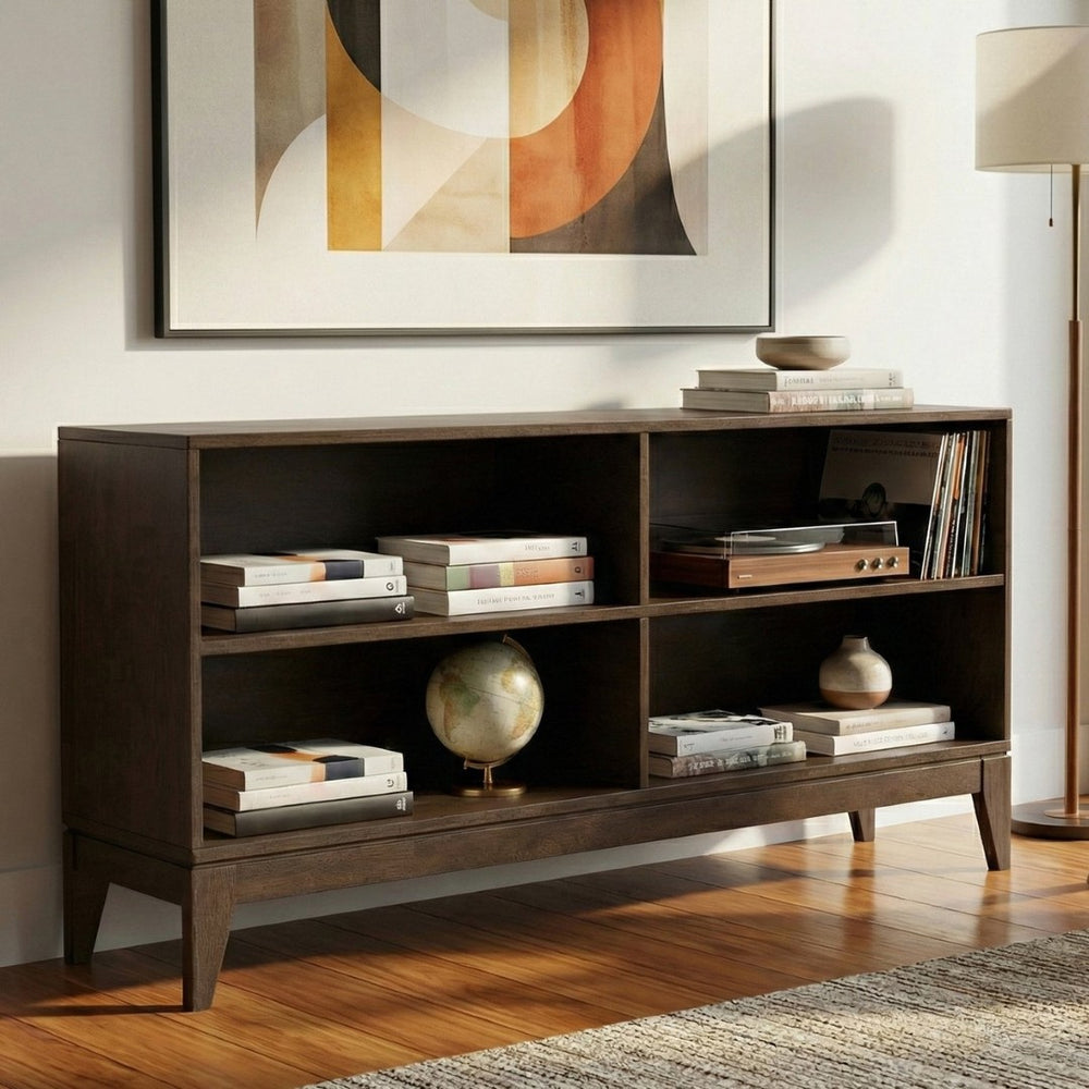 English Elm Harper Solid Wood Low Bookcase with Splayed Legs Walnut Finish Mid-century Modern Shelf B136P481644