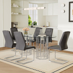 English Elm Table and Chair Set Oval Glass Top Twin Column Base with Six Pu Leather Seats Dark Gray,Silver,Transparent W1151S04734