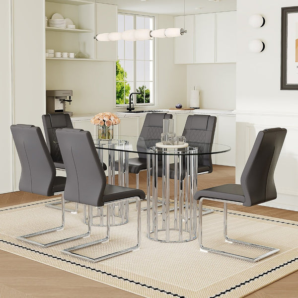 English Elm Table and Chair Set Oval Glass Top Twin Column Base with Six Pu Leather Seats Dark Gray,Silver,Transparent W1151S04734
