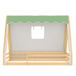 English Elm Twin Montessori Floor Bed Solid Pine Teepee Frame with Guardrails and Canopy Light Natural W1580P369468