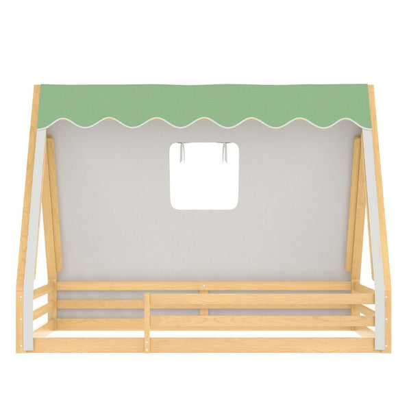 English Elm Twin Montessori Floor Bed Solid Pine Teepee Frame with Guardrails and Canopy Light Natural W1580P369468