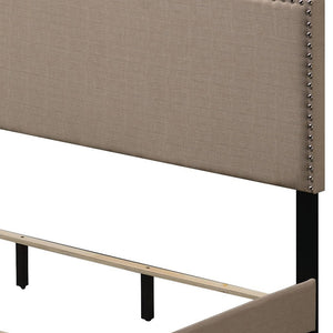 English Elm Beige Plush Upholstered Panel Bed with Nailhead Trim, Cozy Queen Headboard, Durable Wood Legs (96) B062P181283