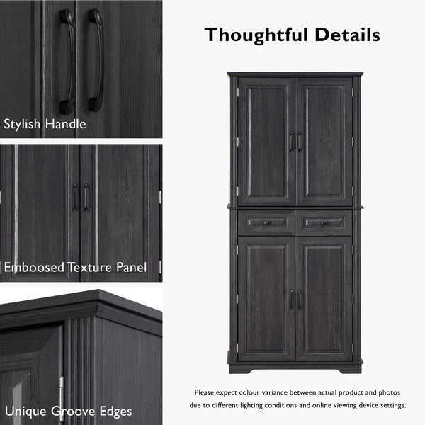 English Elm K&K 71" Tall Farmhouse Pantry Cabinet with Groove Edges, 3 Pull-Out Organizers, 6 Door Shelves Black N707P256507B