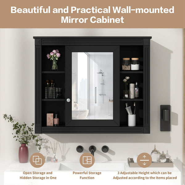 English Elm 35'' Modern Wall Medicine Cabinet with Mirror, Black MDF Storage, Soft-Close Hinges, Towel Rod, Adjustable Shelves N710P197128B