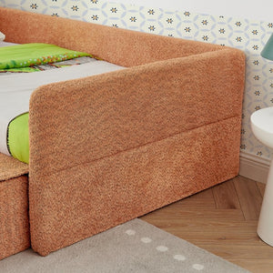 English Elm Twin Boucle Upholstered Kids Bed with Guardrails Built in Storage and Cushioned Step Stool Orange W1413P433367