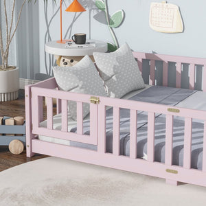 English Elm Full Size Rubberwood Floor Bed with Safety Guardrails and Latching Door for Toddlers Pink W504P429304
