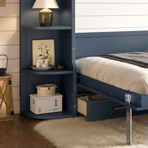 English Elm Queen Murphy Wall Bed with Side Cabinets Open Shelving and Drawers for Studio Rooms Blue W1580S00453