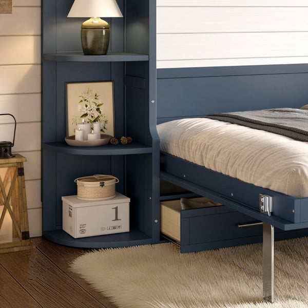 English Elm Queen Murphy Wall Bed with Side Cabinets Open Shelving and Drawers for Studio Rooms Blue W1580S00453