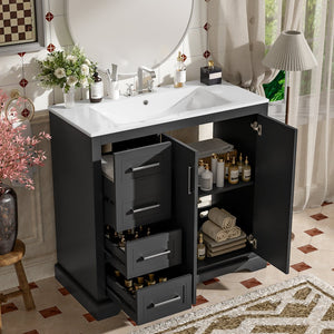 English Elm 36" Modern Bathroom Vanity with Ceramic Sink, Soft-Close Doors, 3 Drawers & Ample Storage for Small Baths Black N729P280194B