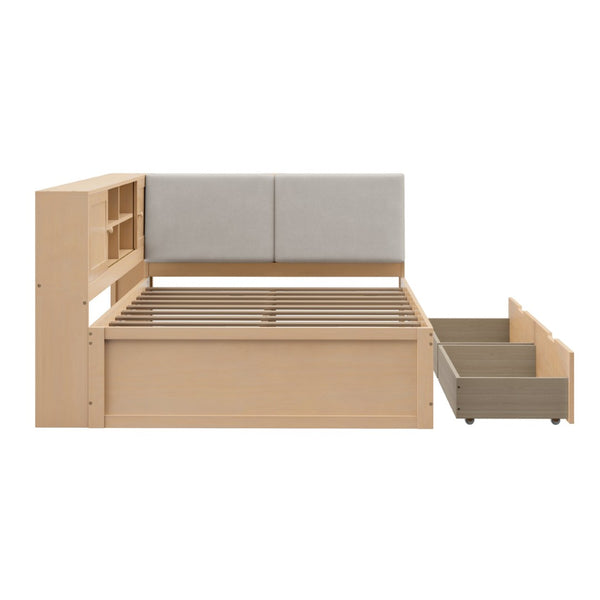 English Elm Wooden Full Size Corner Daybed Pine Frame Bookcase Storage Drawers Usb Charging BS701P337654N