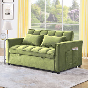 English Elm Sleeper Velvet Convertible Sofa Bed 3-in-1 Recliner 2-Seater Sectional with Pillows & Side Pockets Green W1853P255670