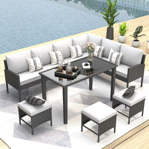 English Elm Small Patio Pe Rattan 7 Piece Outdoor Set with Tempered Glass Table and Cushioned Seating W2071P365907