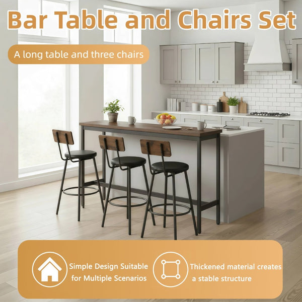 English Elm Bar Table Set with 3 Pu Leather Stools Industrial Steel Frame Rustic Dining Nook W3204P428249