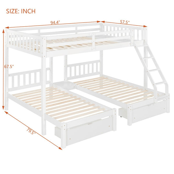 English Elm Full Over Twin Triple Bunk Bed Pinewood Frame with Storage Drawers and Guardrails LT000343AAK-2