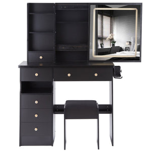 English Elm 37" Vanity Table Set with Led Mirror Stool Built-in Outlets and Hair Dryer Storage Black W3258P448840