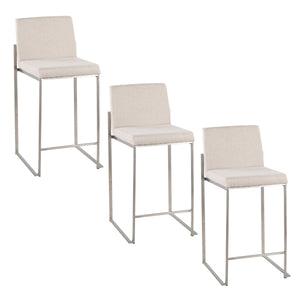 English Elm Fuji Set Of 3 High Back Counter Stools In Beige Fabric With Stainless Steel Frame For Modern Spaces B202P221969