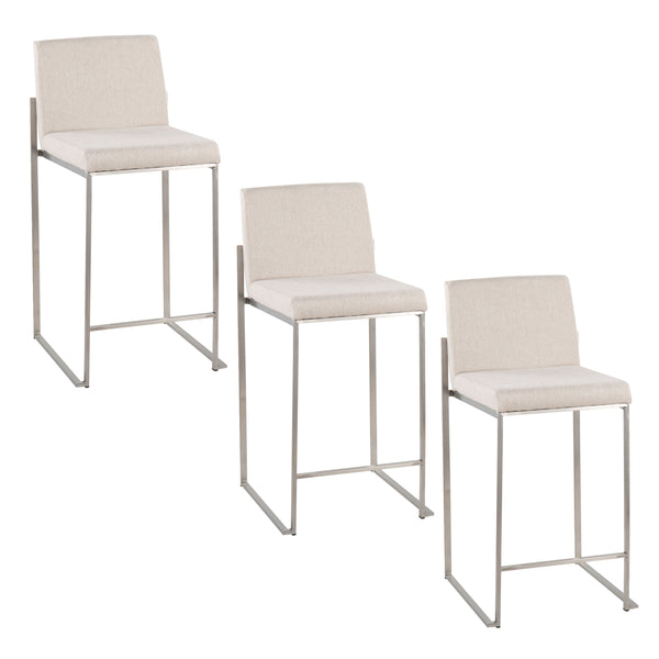 English Elm Fuji Set Of 3 High Back Counter Stools In Beige Fabric With Stainless Steel Frame For Modern Spaces B202P221969