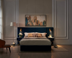 English Elm Queen Velvet Wingback Platform Bed Channel Tufted Upholstered Frame No Box Spring Blue W1793S00051