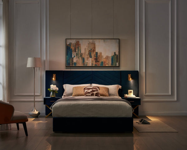 English Elm Queen Velvet Wingback Platform Bed Channel Tufted Upholstered Frame No Box Spring Blue W1793S00051