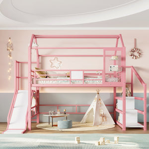 English Elm Full Full House Loft bed with Slide and Stairs, Metal House Play Loft with Storage Shelves and Quiet Design Pink W1580S00351