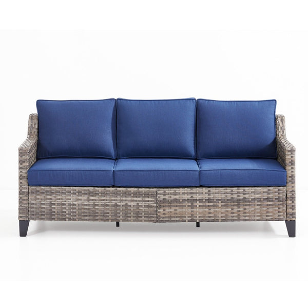 English Elm 73.2" Outdoor Handwoven Rattan 3 Seat Sofa with Olefin Cushions for Porch or Patio Blue T3773P416338