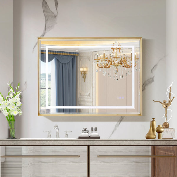 English Elm 40*30inch LED Bathroom Mirror with Beveled Edge, Front & Backlit 3-Color Dimmable IP54 Anti-Fog Gold W2091P214095