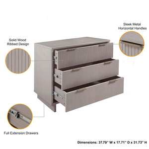 English Elm Granville 38" Dresser In Light Gray - Chic 3-Drawer Storage With Glam Gold Handles & Ribbed Design B365S00079