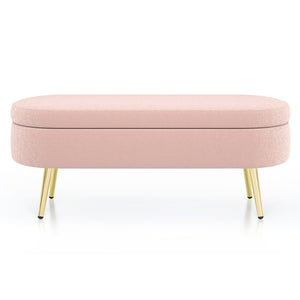 English Elm Ottoman Oval Flannel Storage Bench with Matte Metal Legs for Bedroom or Living Room Pink W487P438632
