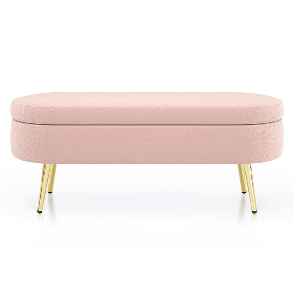 English Elm Ottoman Oval Flannel Storage Bench with Matte Metal Legs for Bedroom or Living Room Pink W487P438632