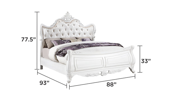 English Elm Opulence King Bed In Pearl White - Luxurious Wood Frame With Velvet Upholstery & Carved Details B009S01367