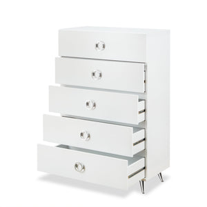 English Elm Elms White Finish Chest with 5 Smooth-Glide Drawers, Silver Ring Pulls & Modern Tapered Legs B2726P255308