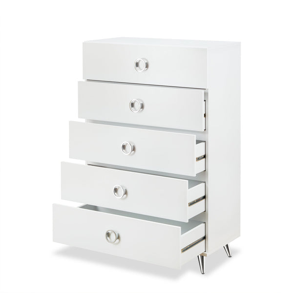 English Elm Elms White Finish Chest with 5 Smooth-Glide Drawers, Silver Ring Pulls & Modern Tapered Legs B2726P255308