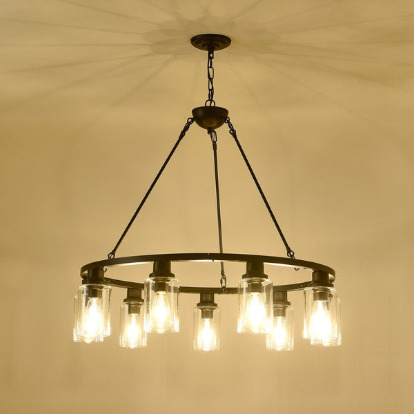 English Elm 34.25'' Farmhouse Wagon Wheel Chandelier 9 Light Seeded Glass Dining Room Fixture W5008P468521