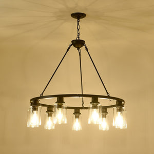 English Elm 9-light Matte Black Wagon Wheel Chandelier Seeded Glass Farmhouse Dining Room W5008P390906