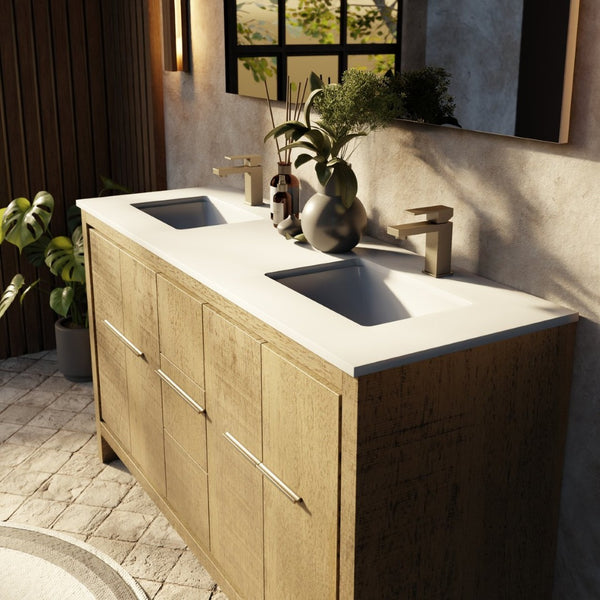 English Elm Rustic Acacia Double Bath Vanity With White Quartz Top - Elegant Storage, Soft-Close Drawers & More! B2731P259209-GIGA