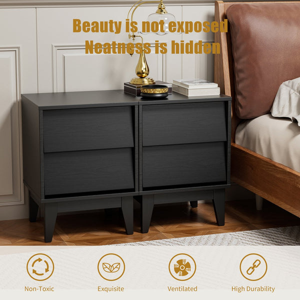 English Elm 2 Nightstands Vintage Bevel Design with Hidden Drawer Pulls and Solid Wood Legs for Stable Style Black W578P192479