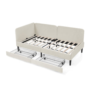 English Elm Twin Velvet Upholstered Platform Bed with 2 Underbed Storage Drawers, Convertible Sofa, Beige Twin W1413P298909