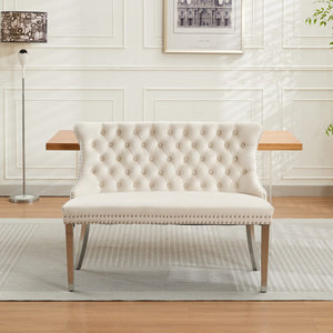English Elm Velvet Wingback Dining Bench Tufted Two Seat Mid Century Modern Brushed Steel Base Beige W1143P406980