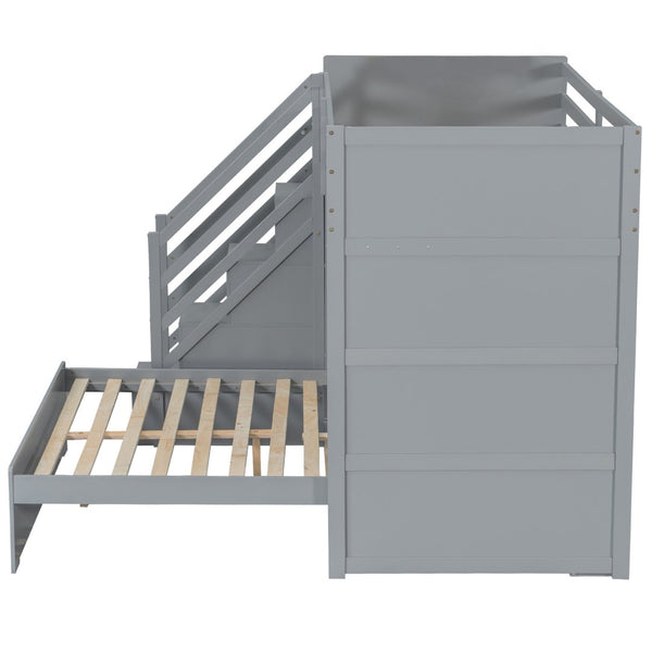 English Elm Twin Over Full Bunk Bed with Wardrobe Storage Stairs Shelves and Usb Charging Gray LT000292AAE