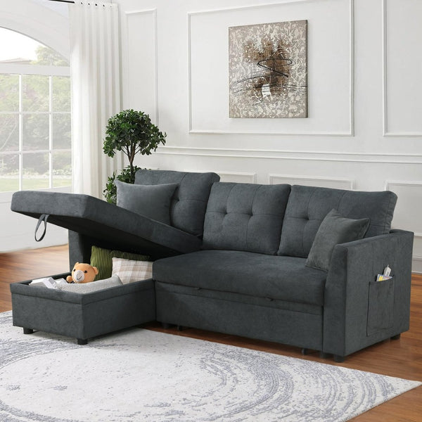 English Elm Sectional Sofa Bed - L-Shaped Velvet Couch With Usb Port, Reversible Sleeper & Storage Chaise, Gray B205S00012-GIGA