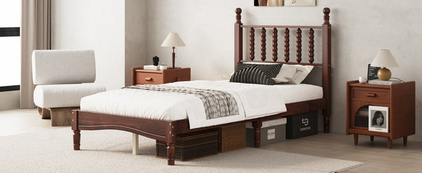 English Elm Twin Rubberwood Platform Bed Gourd Headboard Retro Bohemian Bedroom Slat Base Walnut N733P427029D