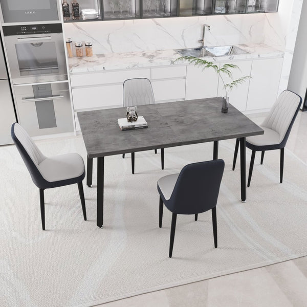 English Elm 55.12-70.87" Expandable Dining Table Set Seats 6 with Pu Upholstered Chairs Black Metal Legs Grey,White W2189S00915