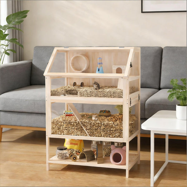 English Elm Pet Habitat Three Level Fir Wood Acrylic Enclosure with Ramps for Small Rodents T3971P440229