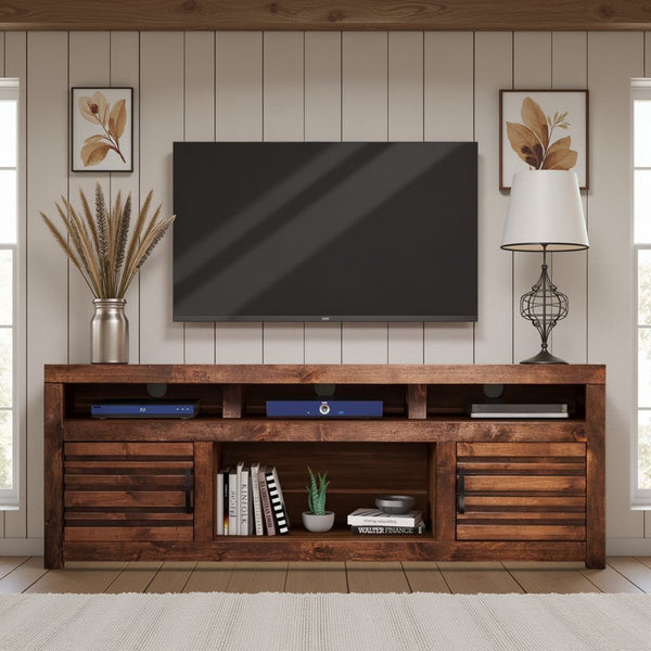 English Elm 72 72 inch TV Stand Console for TVs up to 85", Whiskey Knotty Alder, Pre-Assembled, Rustic Chic Storage B108P160186