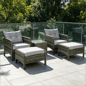 English Elm 5 Piece Pe Wicker Patio Lounge Set with Armchairs Ottomans and Glass Coffee Table T3971S00235