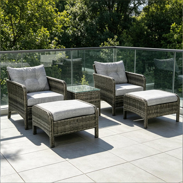 English Elm 5 Piece Pe Wicker Patio Lounge Set with Armchairs Ottomans and Glass Coffee Table T3971S00235